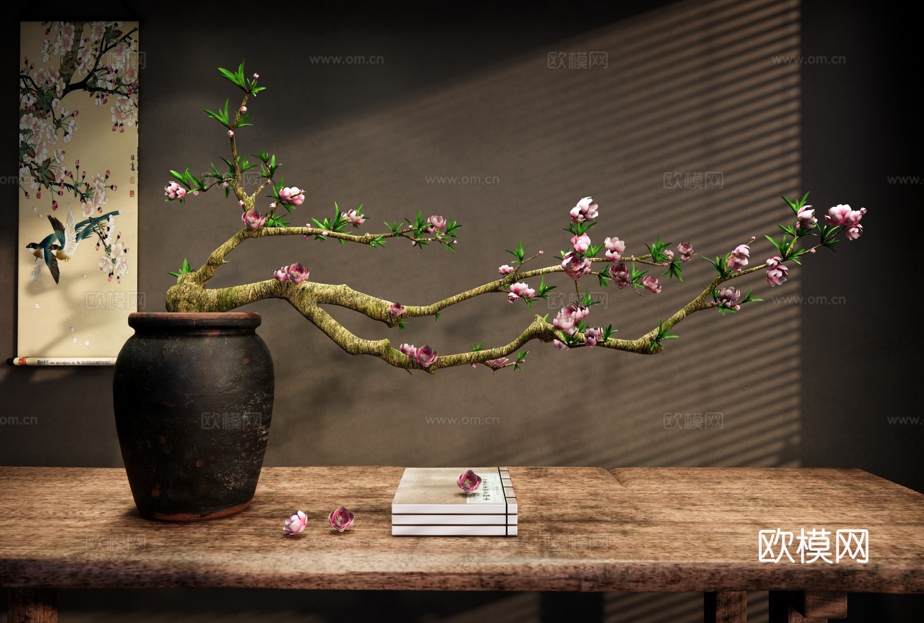 新中式花瓶花艺 桃花枝 桃花插花 陶罐花艺 端景条案 挂画su模型