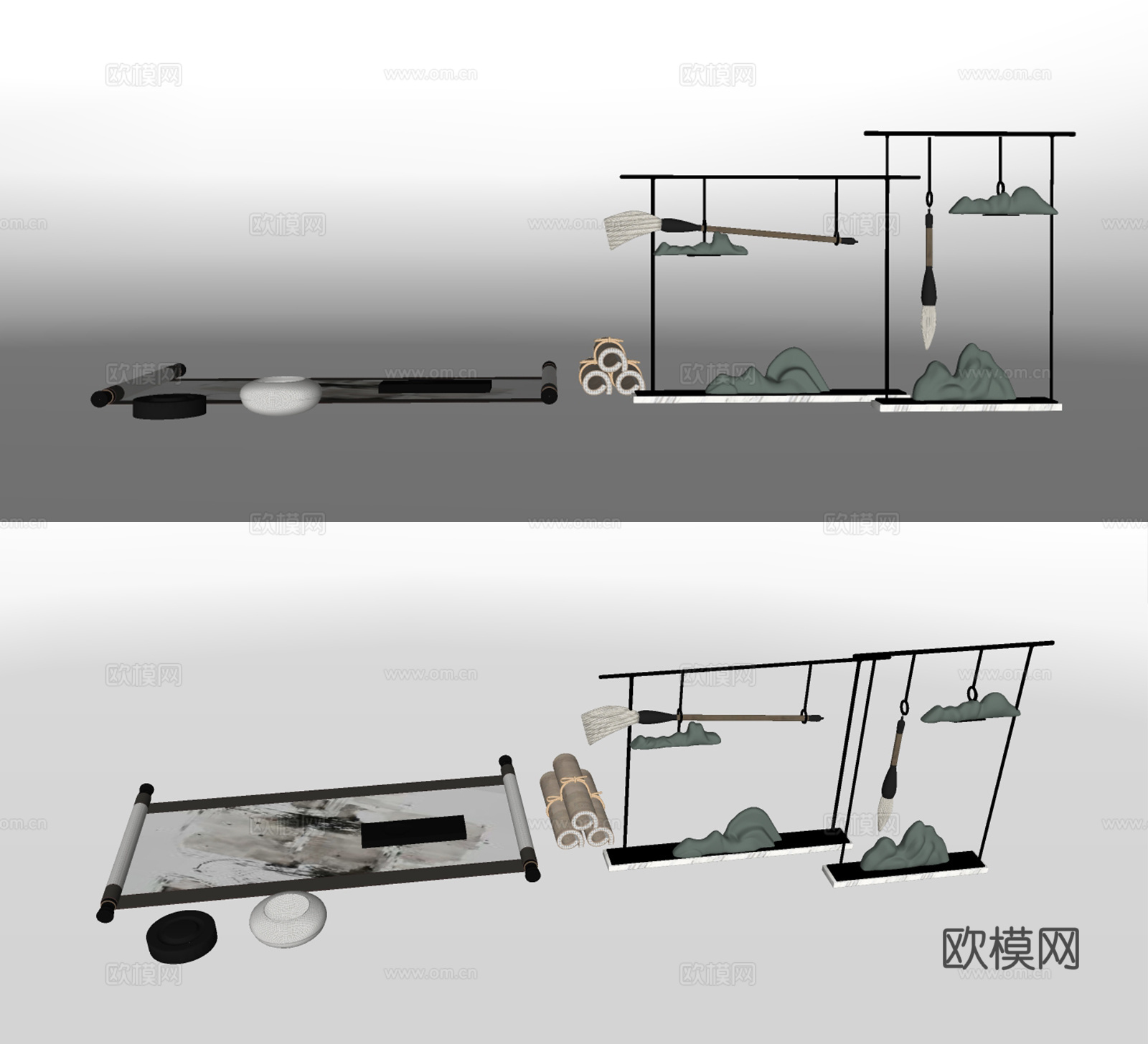 新中式字画笔架文具su模型下载