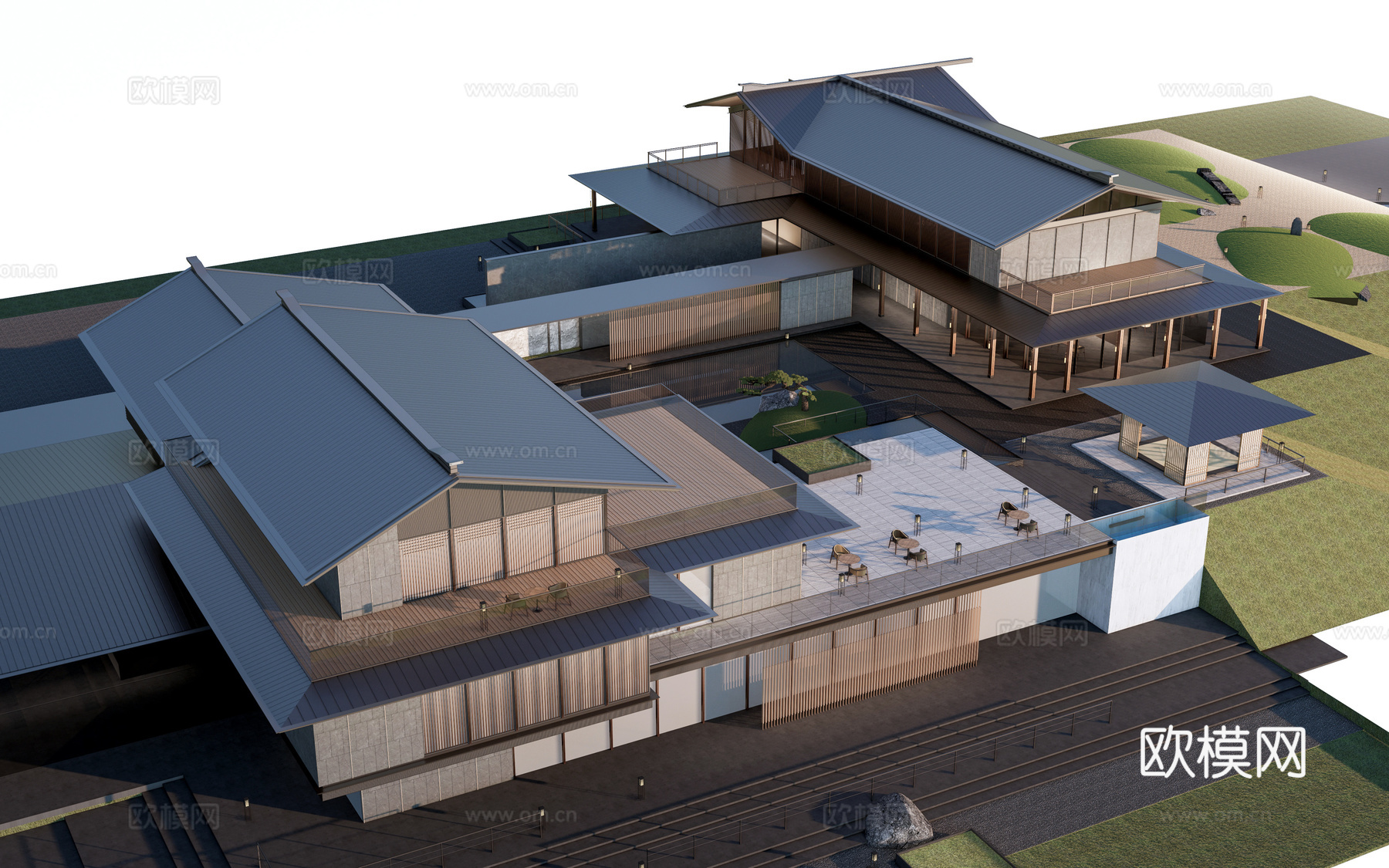 新中式示范区建筑 会所建筑 新中式餐饮建筑 茶室建筑su模型
