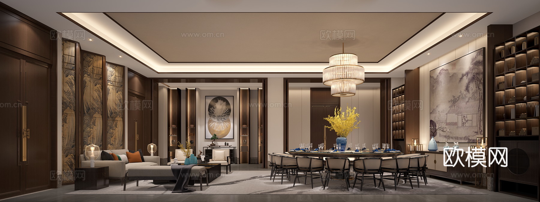 新中式餐厅 宴会厅 餐桌椅 吊灯 挂画3d模型