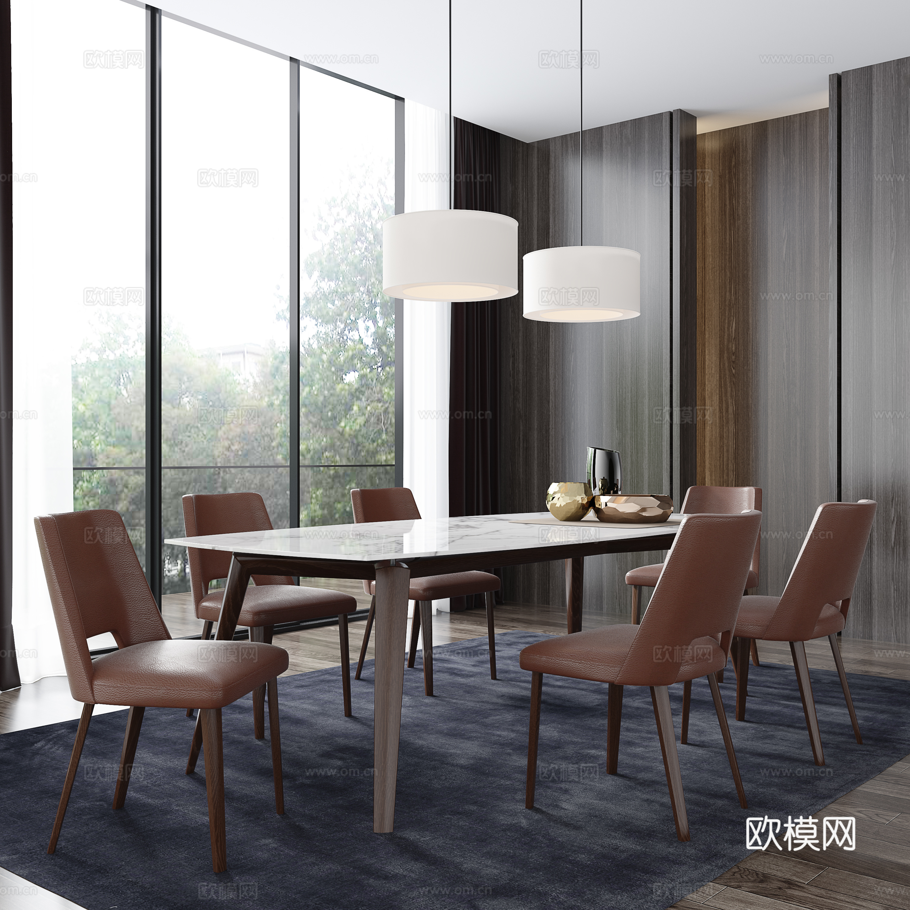 意大利poliform品牌现代餐厅餐桌餐椅吊灯地毯早晨外景3d模型