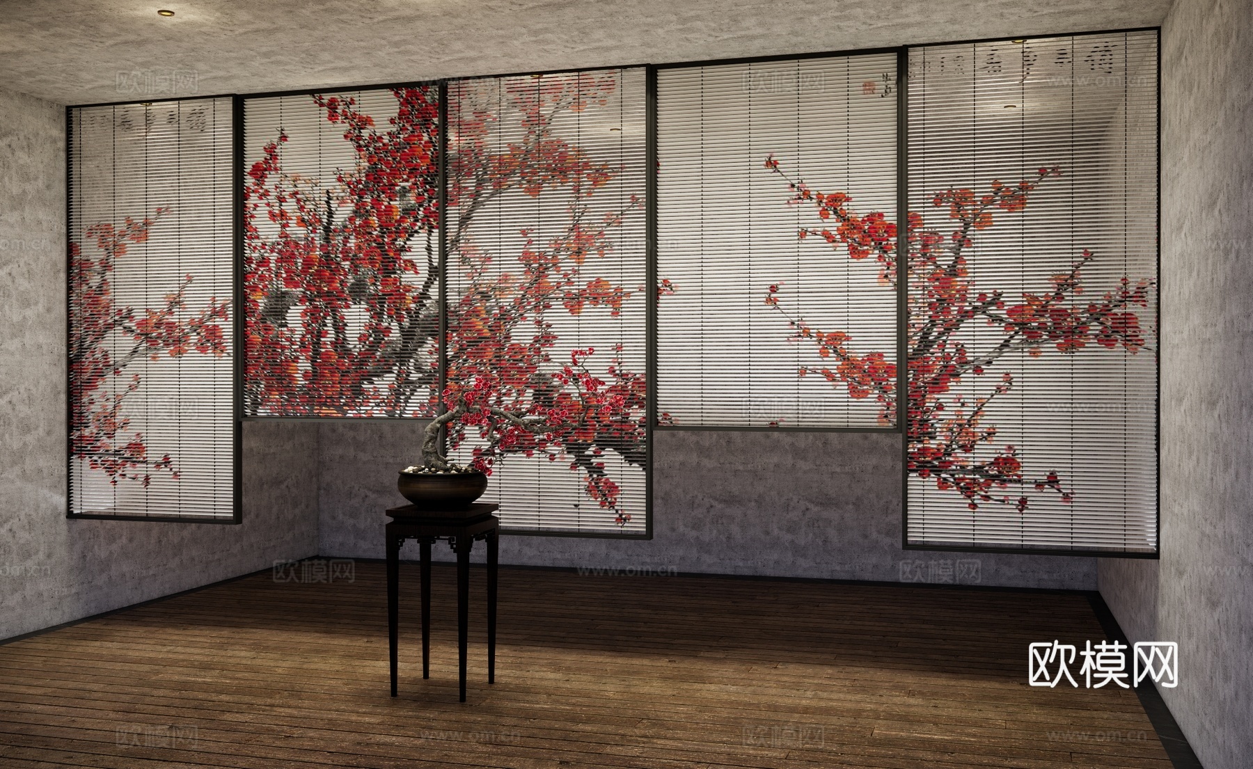 新中式竹制百叶帘 隔断 百叶帘 梅花卷帘 梅花盆栽su模型