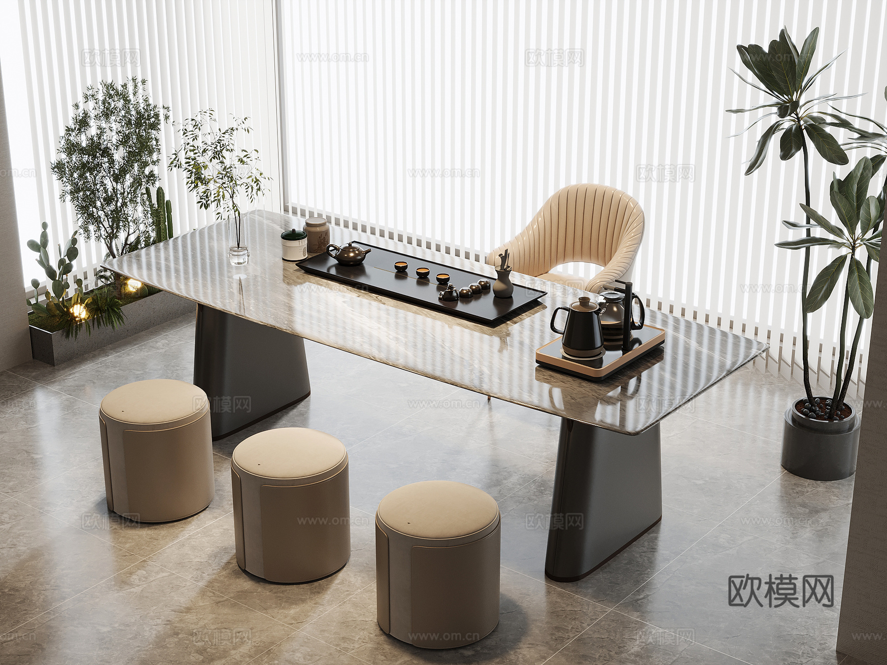 现代茶桌椅 茶台 茶具3d模型