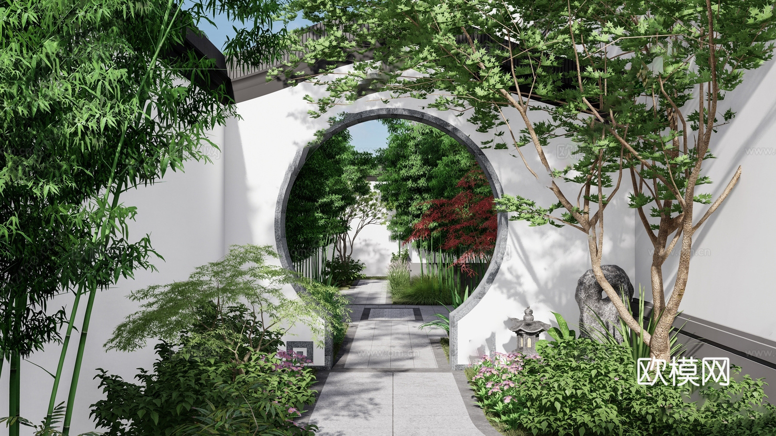 新中式别墅庭院 别墅区 新中式庭院su模型