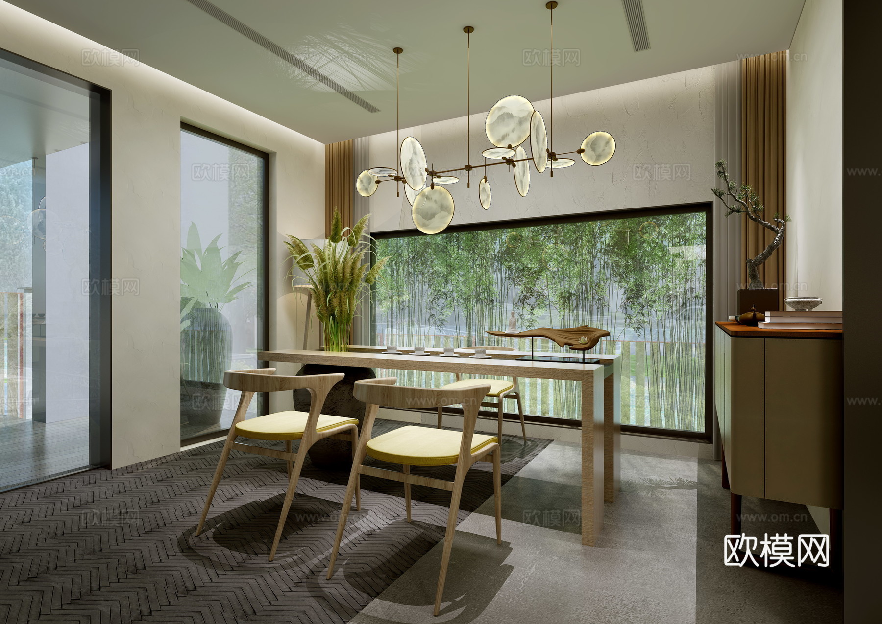 新中式餐厅椅子餐桌吊灯芦苇端景柜子3d模型