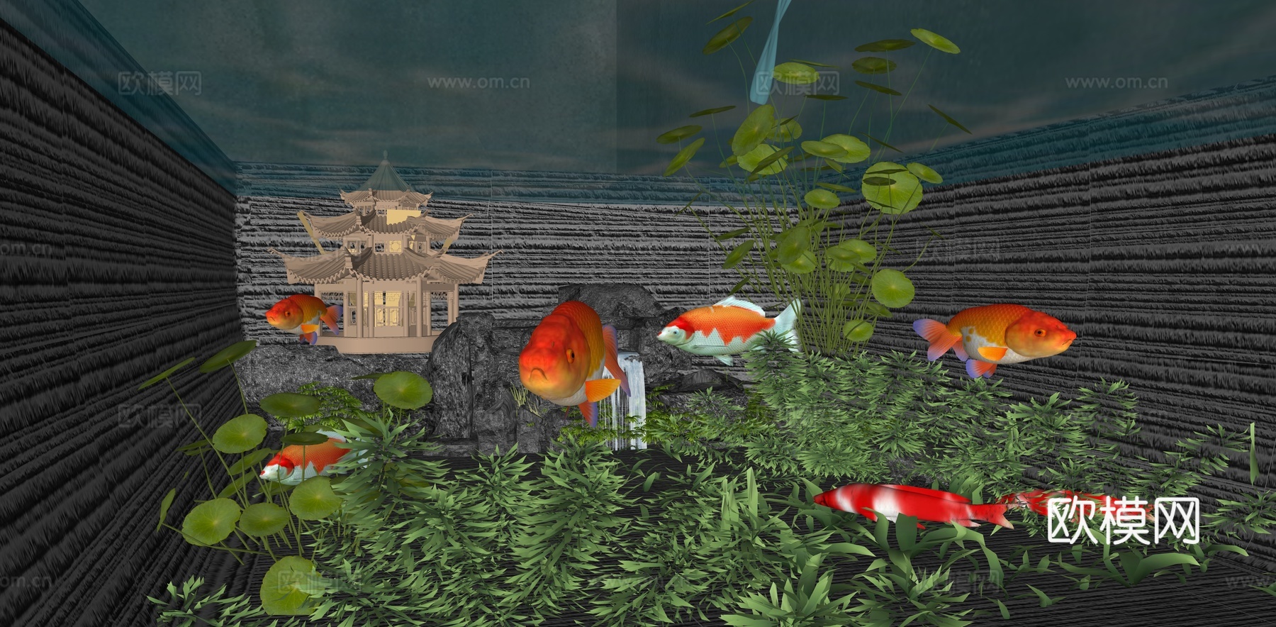 新中式鱼缸假山造景 摆件 水族箱 造景石 水草 观赏鱼缸 金su模型