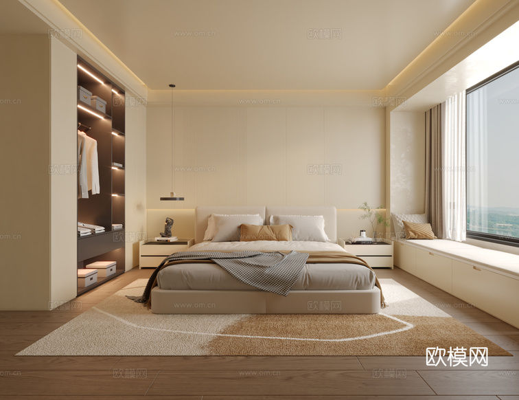 現(xiàn)代奶油風(fēng)臥室3d模型下載(渲染圖1)