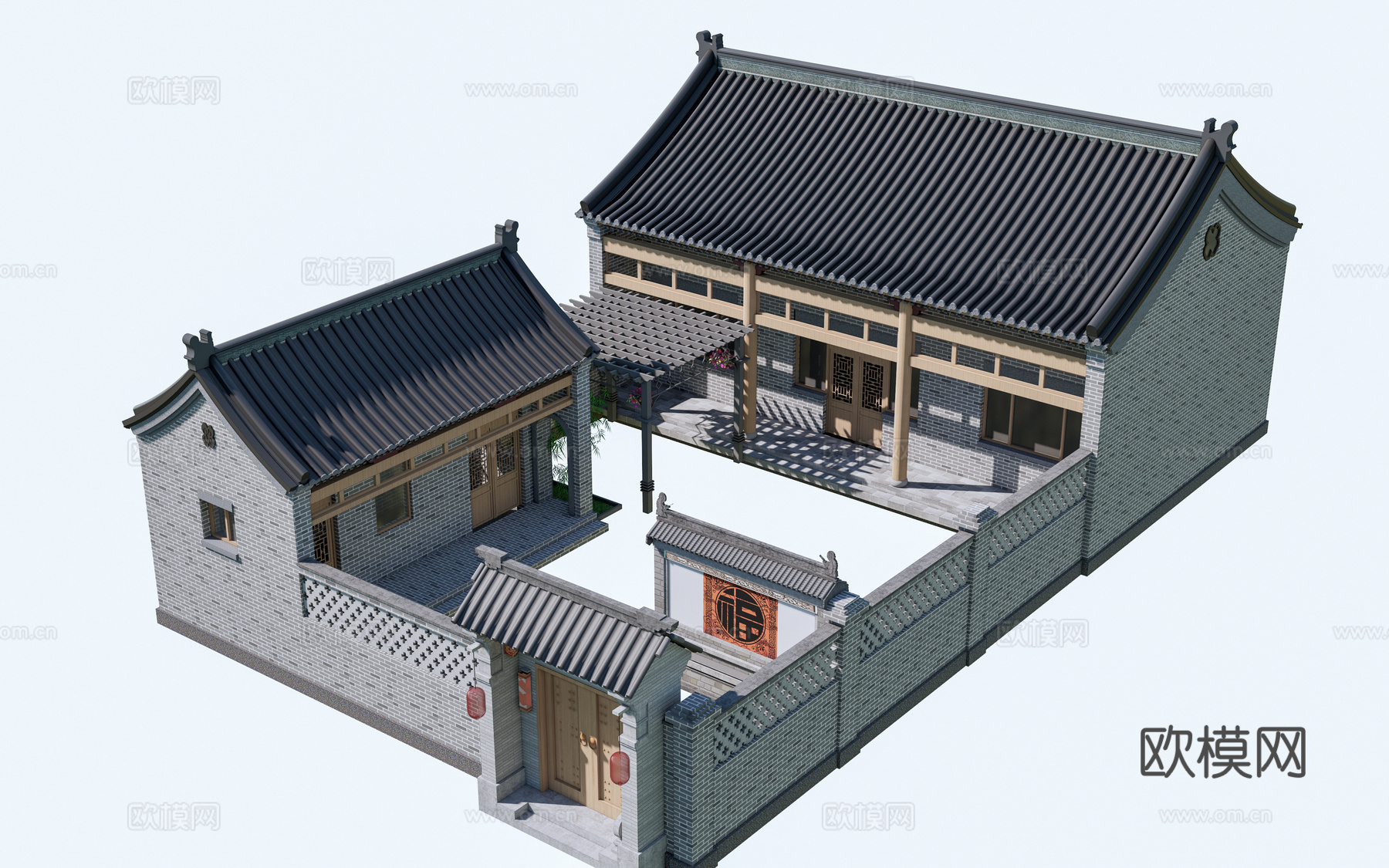 中式四合院建筑 中式院落 中式坡屋顶建筑 中式庭院su模型