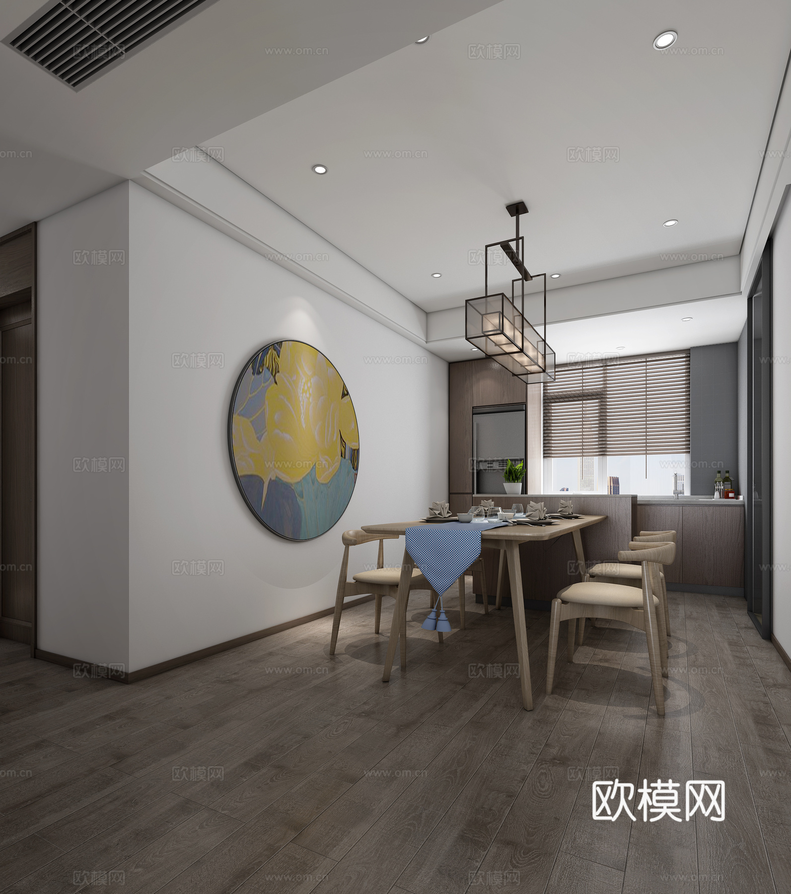 新中式家具餐厅 餐桌 吊灯 挂画 洗菜盆 冰箱3d模型