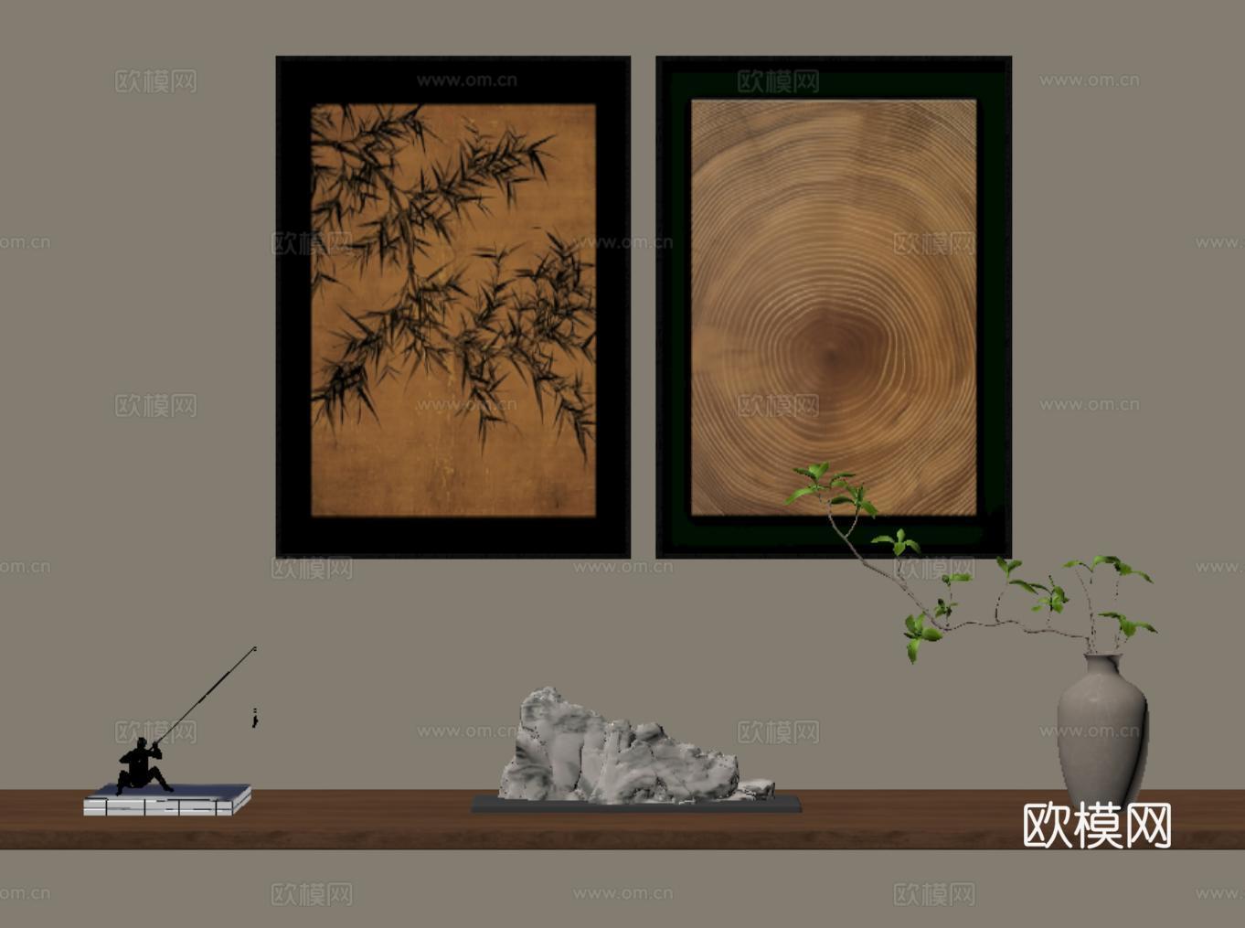 新中式竹子挂画 禅意装饰画 宋代植物挂画 年轮su模型