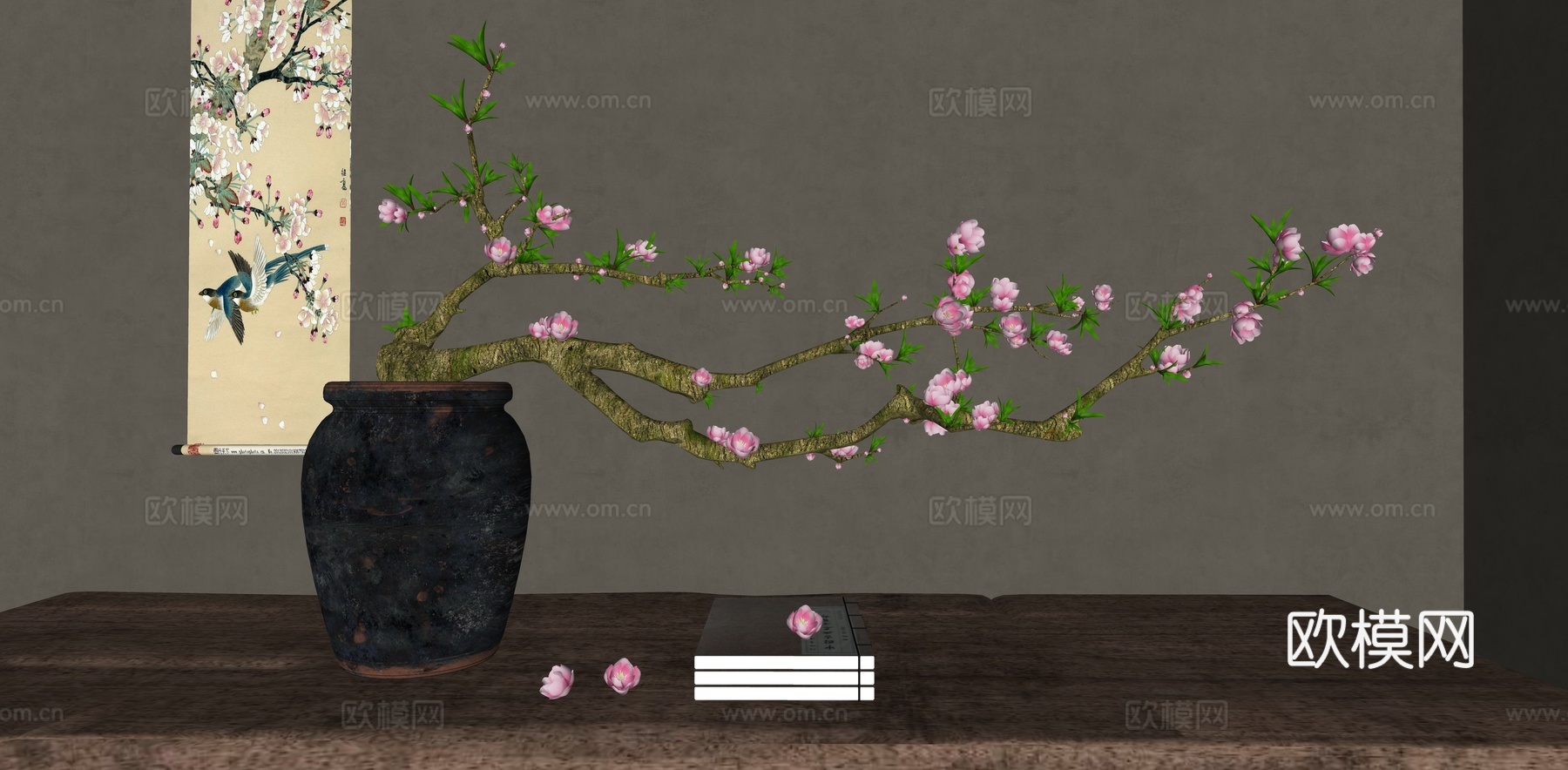 新中式花瓶花艺 桃花枝 桃花插花 陶罐花艺 端景条案 挂画su模型