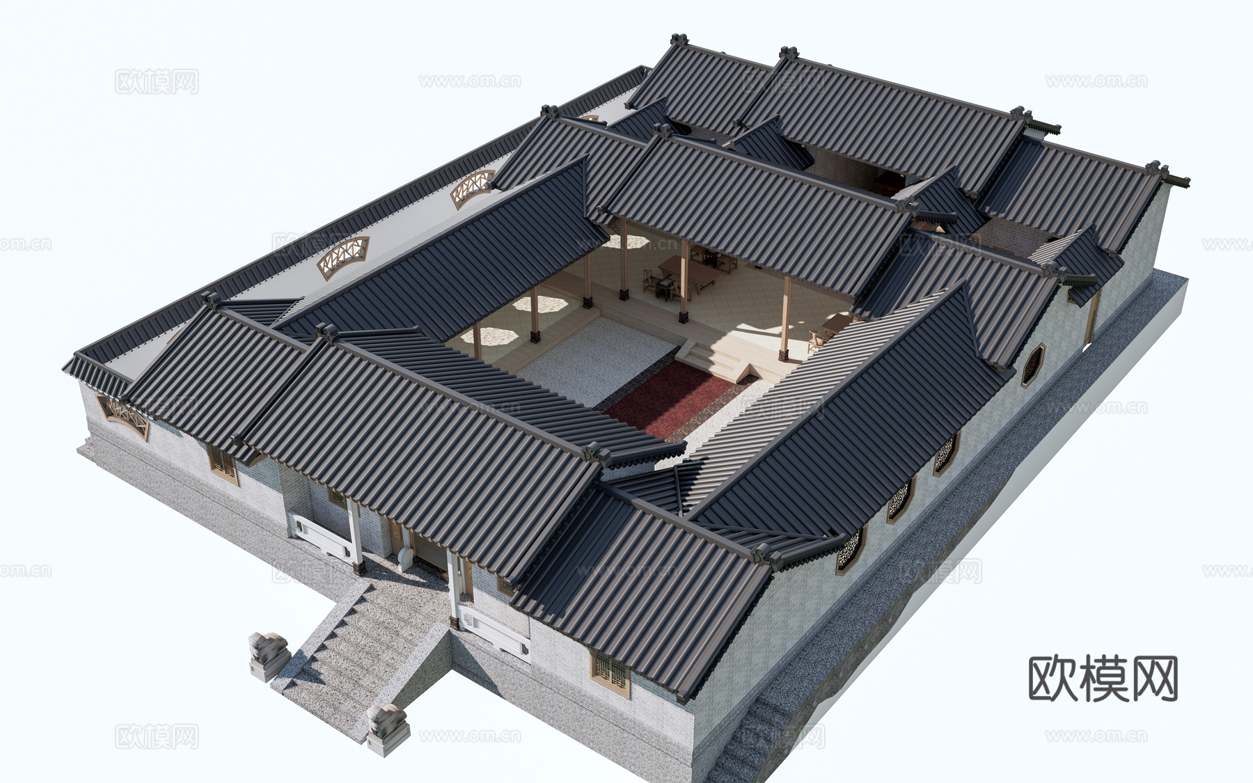 中式四合院建筑 中式院落 中式坡屋顶建筑 中式庭院su模型