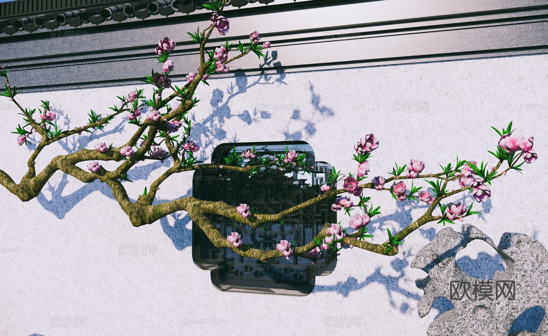 中式园林庭园景墙 桃花树 庭园桃花 桃花枝 花窗 漏窗 假山su模型