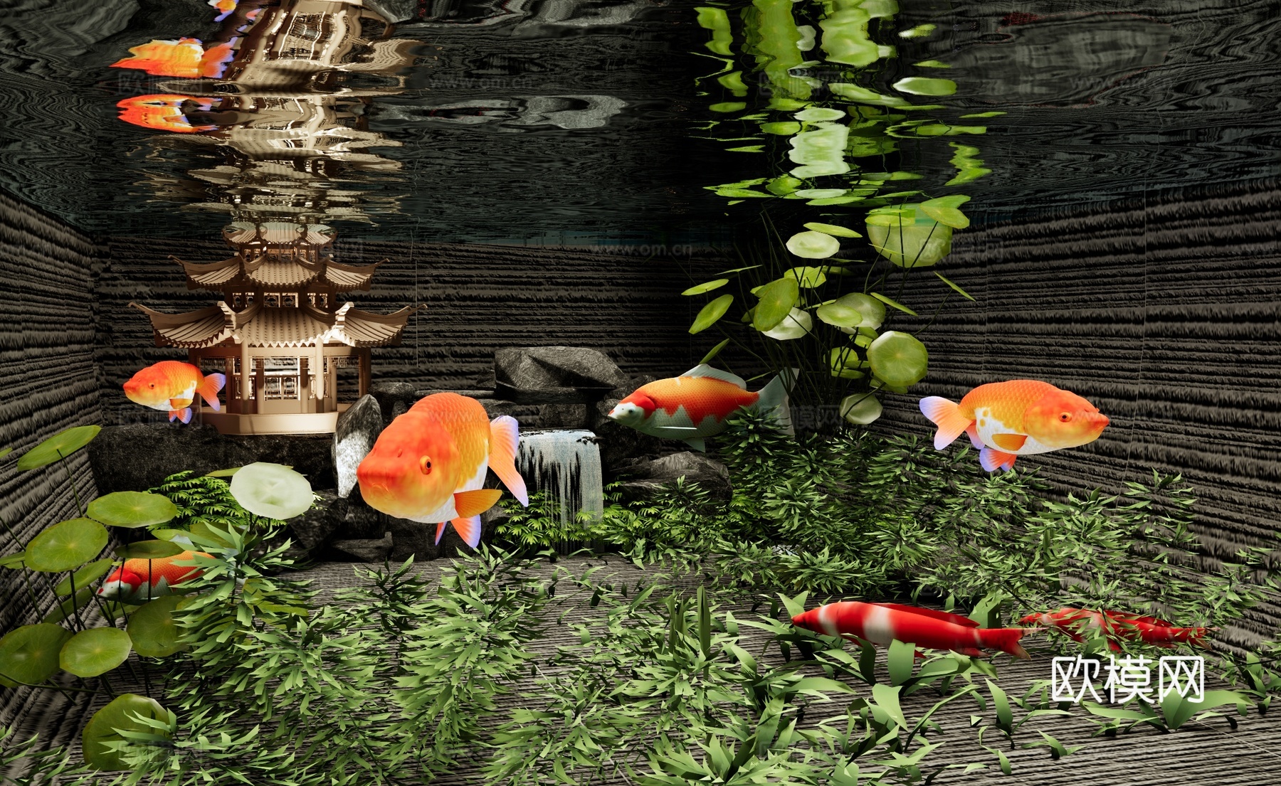 新中式鱼缸假山造景 摆件 水族箱 造景石 水草 观赏鱼缸 金su模型