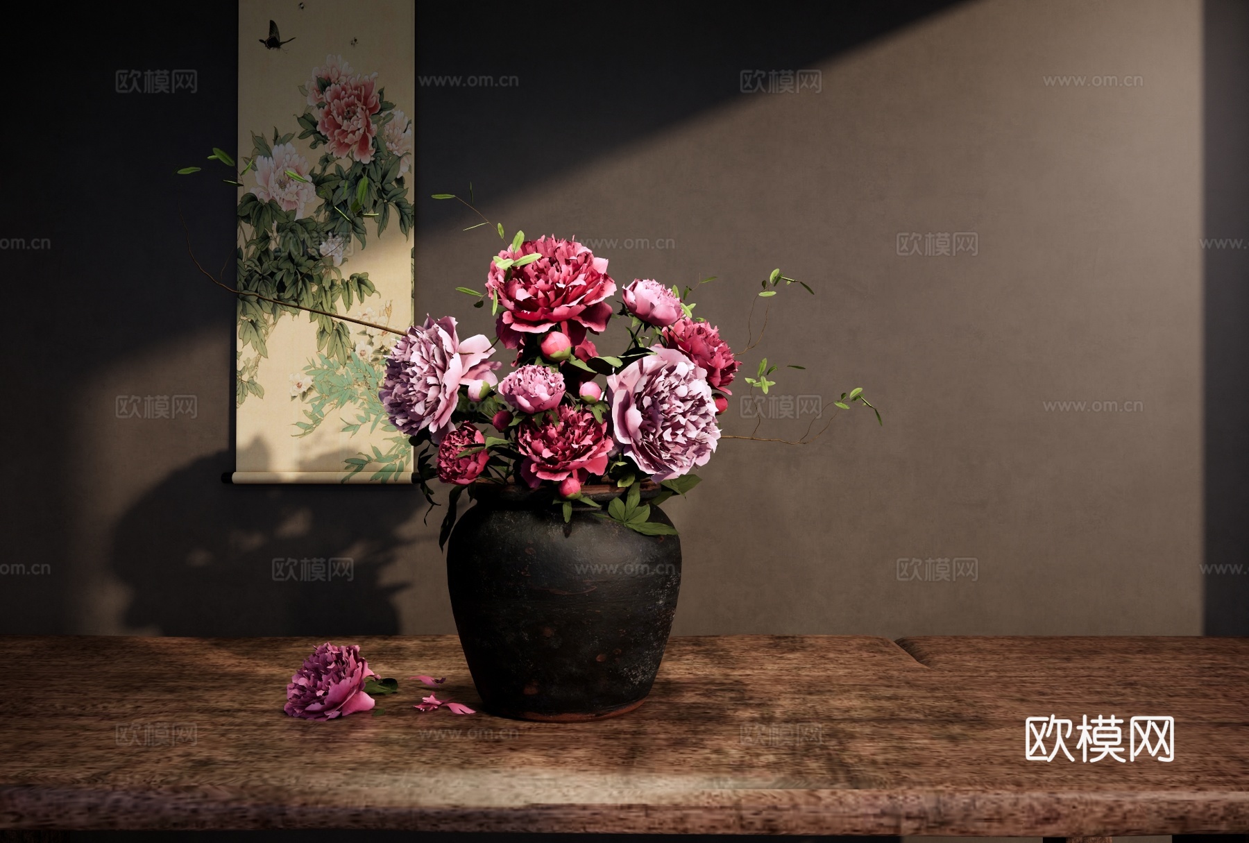 花瓶花艺 陶罐花瓶 牡丹 芍药插花 侘寂端景条案 装饰摆件su模型