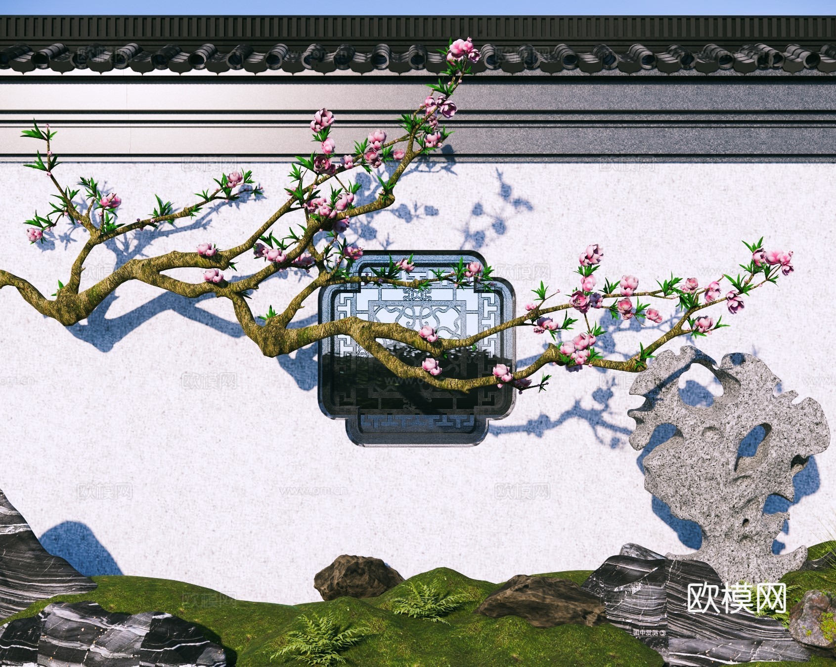 中式园林庭园景墙 桃花树 庭园桃花 桃花枝 花窗 漏窗 假山su模型