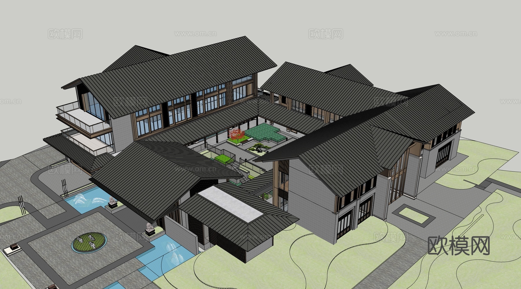 新中式示范区建筑 会所建筑 新中式餐饮建筑 茶室建筑su模型