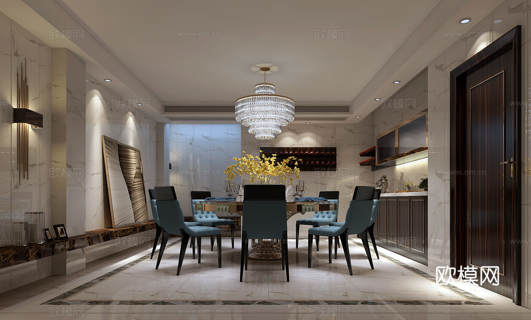 后现代餐厅餐桌椅子吊灯壁灯装饰画酒柜3d模型