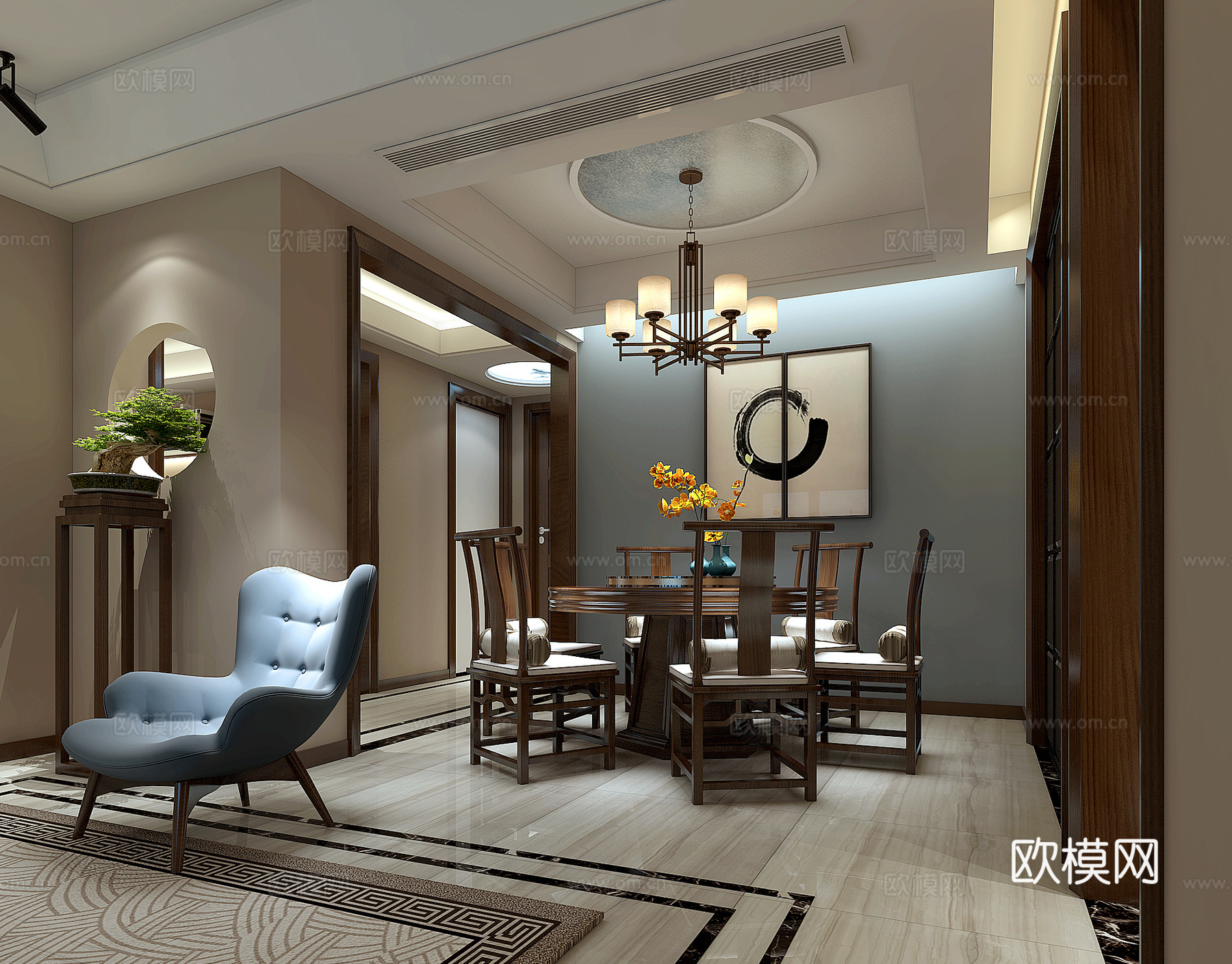 新中式现代中式餐厅餐桌吊灯装饰画3d模型