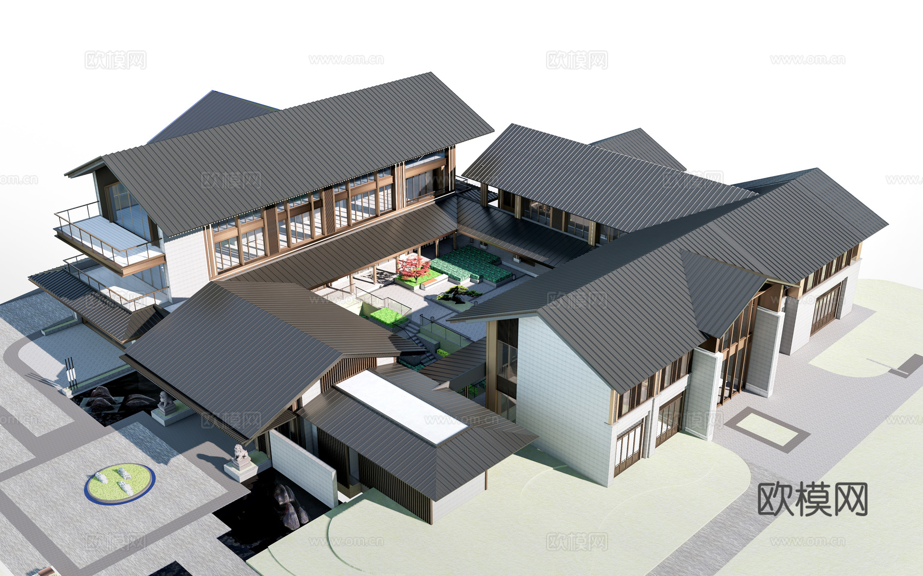 新中式示范区建筑 会所建筑 新中式餐饮建筑 茶室建筑su模型