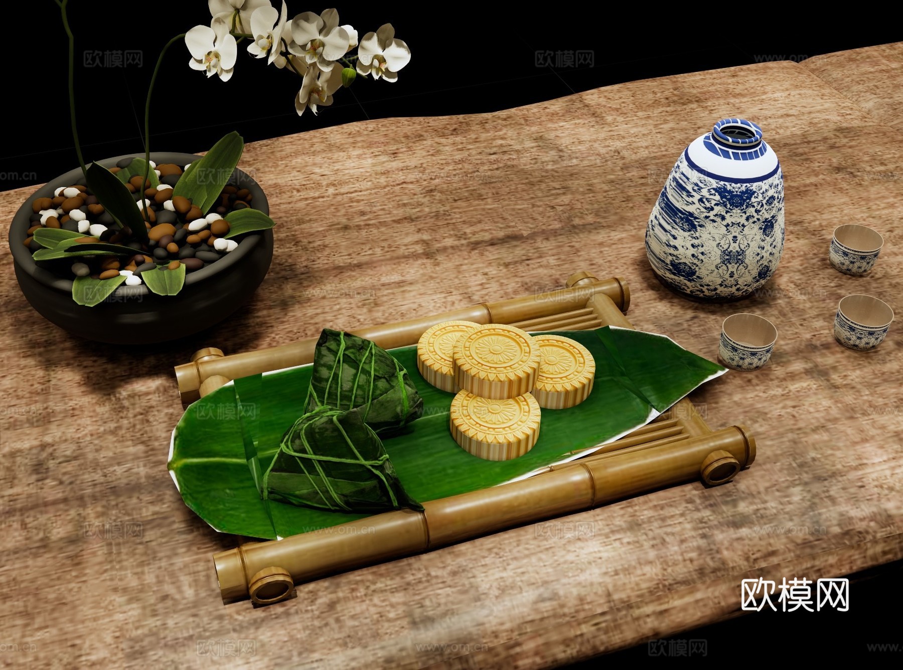 食物饮料 中式点心 端午粽子 绿豆糕 茶具茶杯 中式小吃摆盘su模型