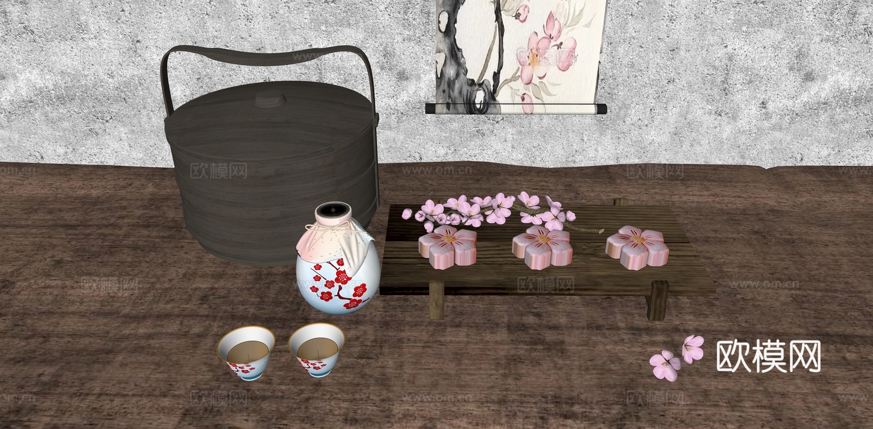 中式食盒 桃花月饼 糕点 桃花酒 桃花酥su模型