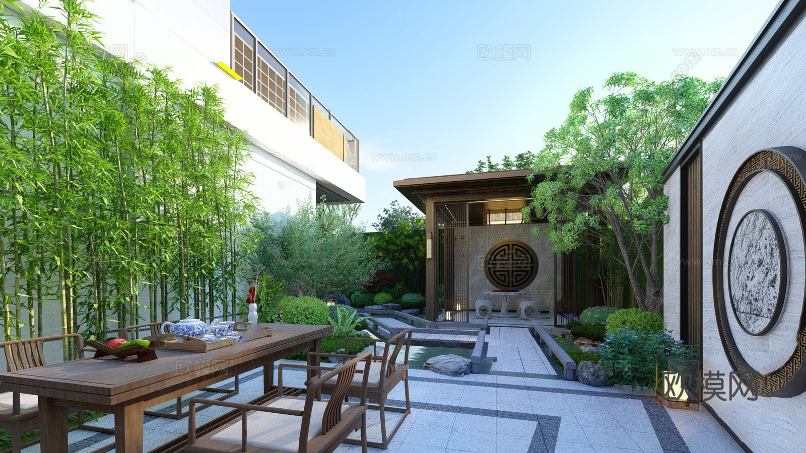 新中式别墅庭院 别墅区 新中式庭院su模型