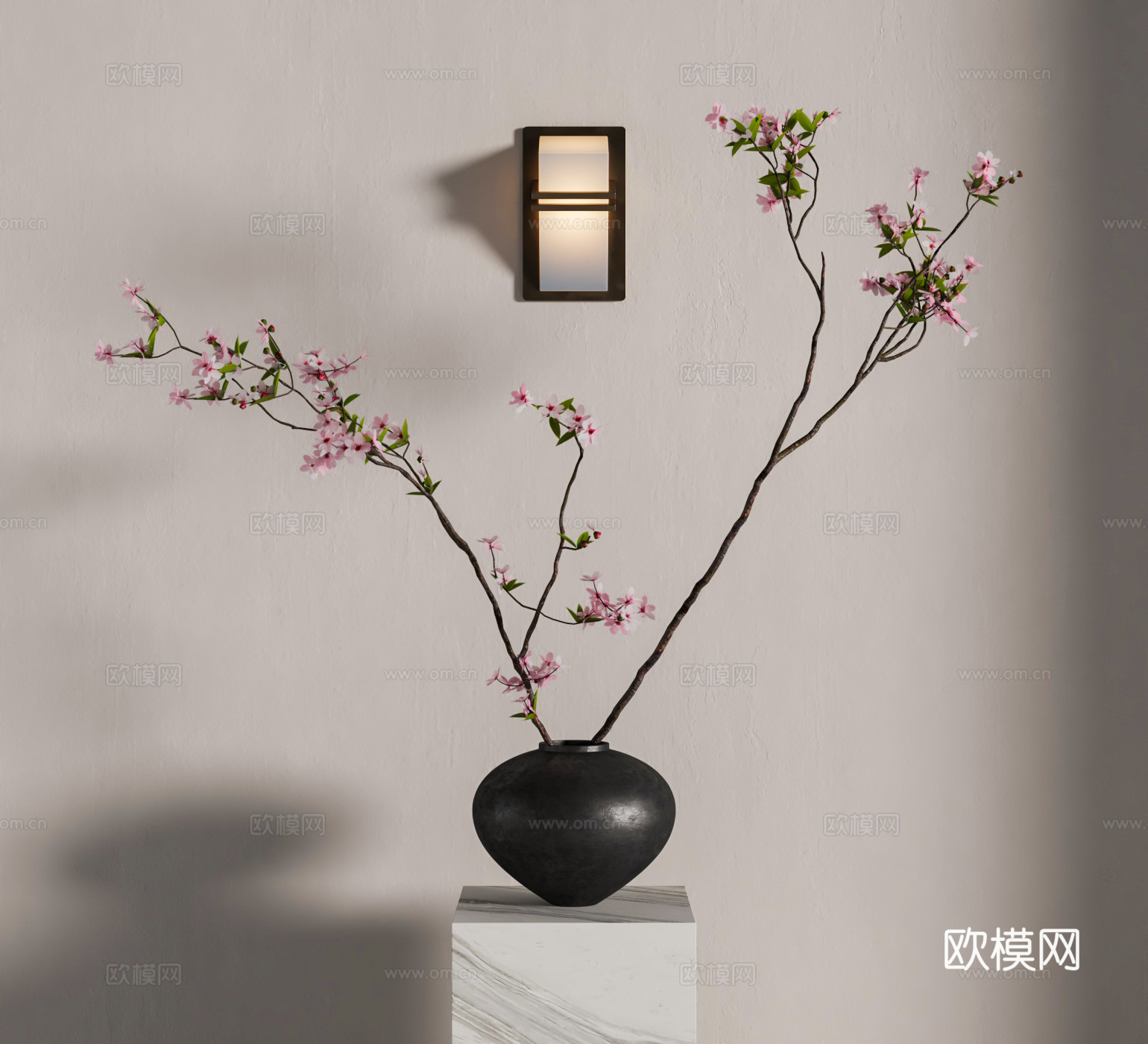 禅意花瓶 陶罐花瓶 桃花插花su模型
