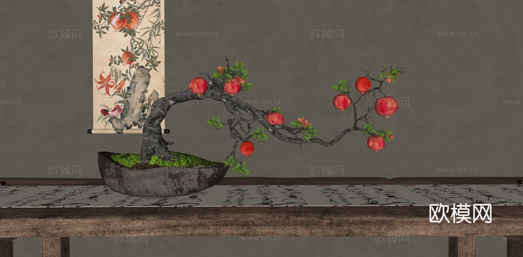石榴插花盆景 植物造型盆栽 陶罐花瓶摆件 禅意盆景 挂画su模型