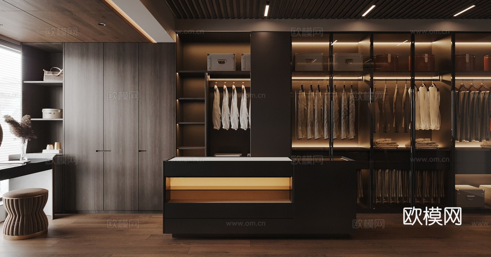 现代意式衣帽间 主卧衣帽间 U型衣帽间 岛台衣帽间 首饰台3d模型