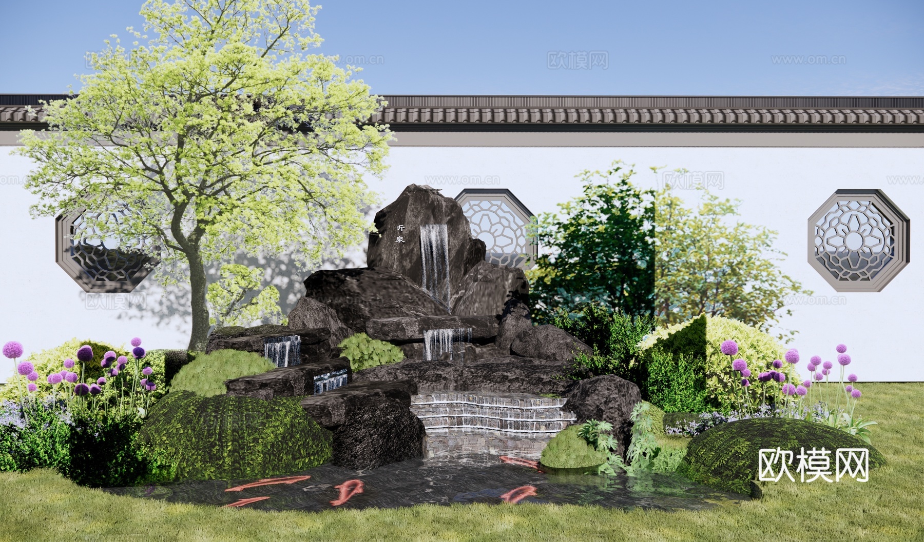 新中式假山水景 园林景观水池 假山跌水瀑布 庭园景观石头组合su模型