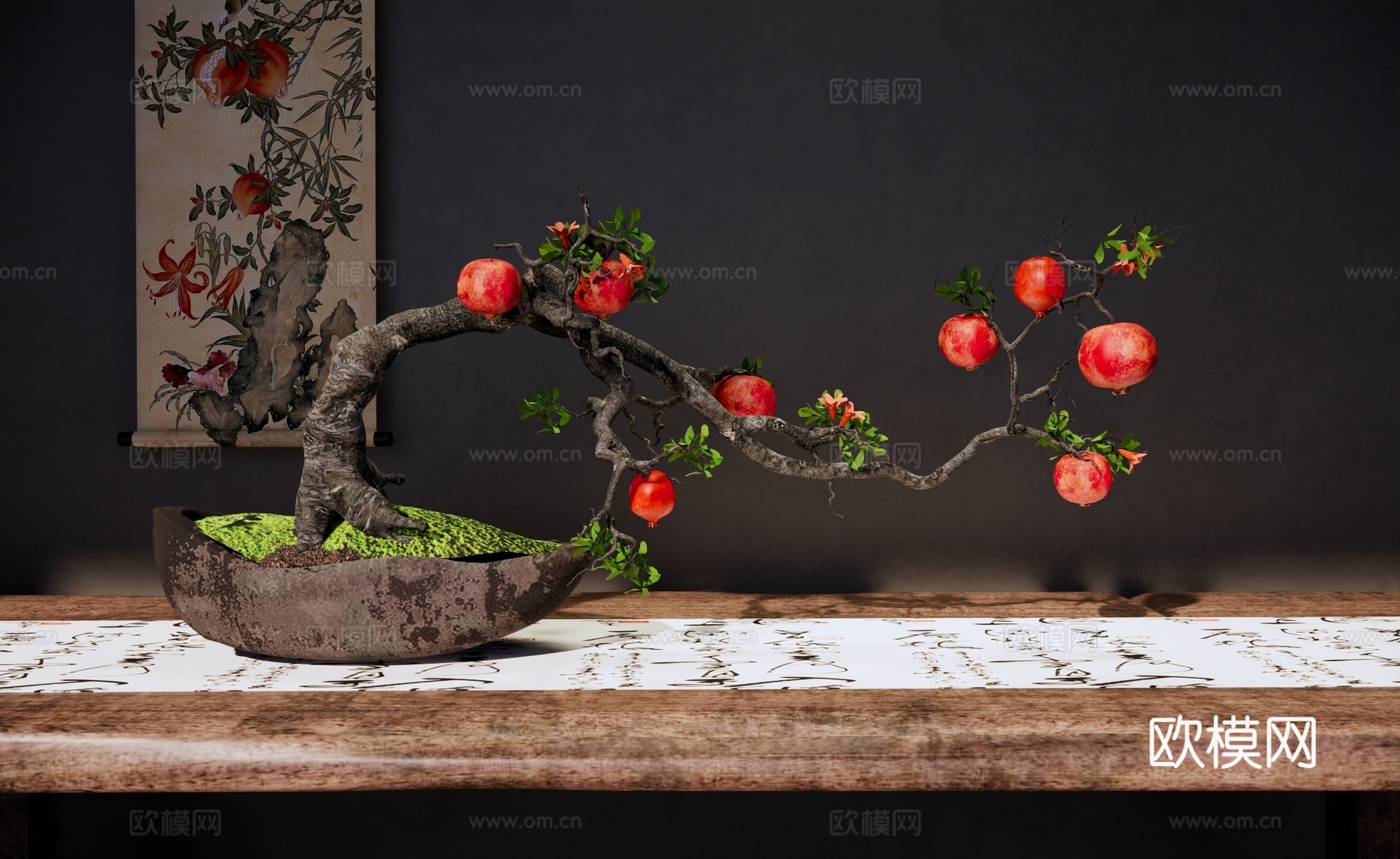 石榴插花盆景 植物造型盆栽 陶罐花瓶摆件 禅意盆景 挂画su模型