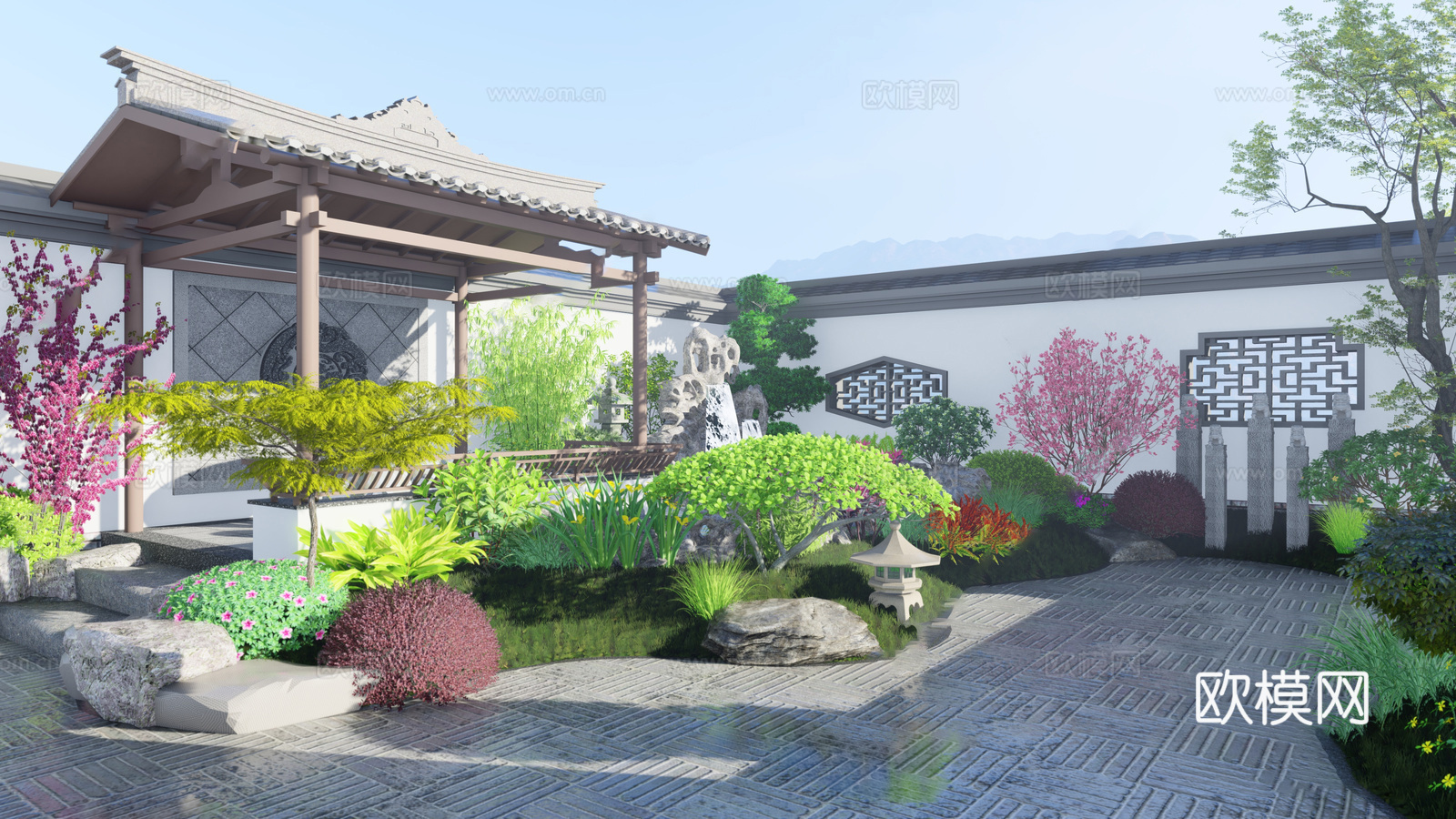 新中式别墅庭院 别墅区 新中式庭院su模型