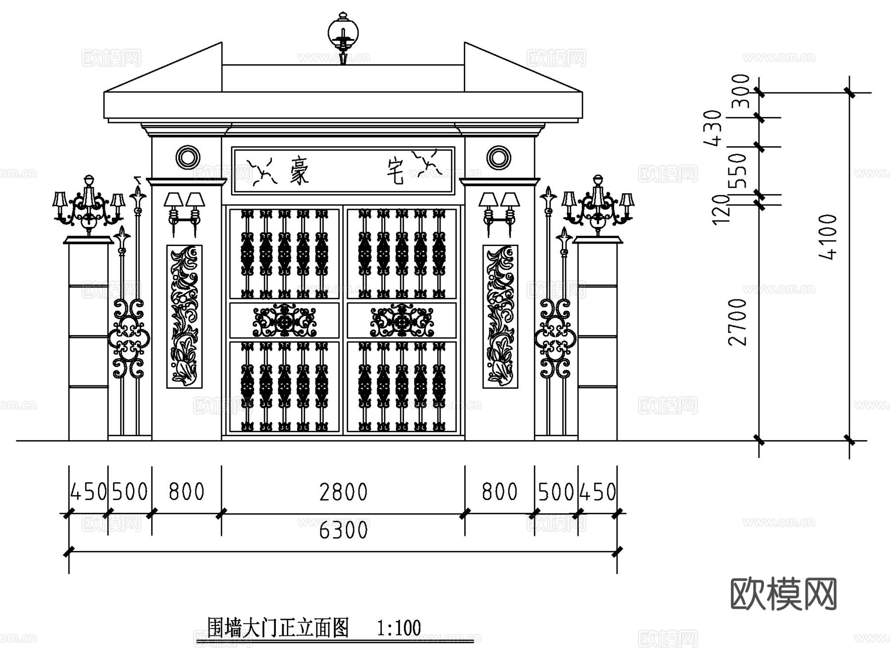 豪华别墅门亭铁艺大门施工图cad施工图