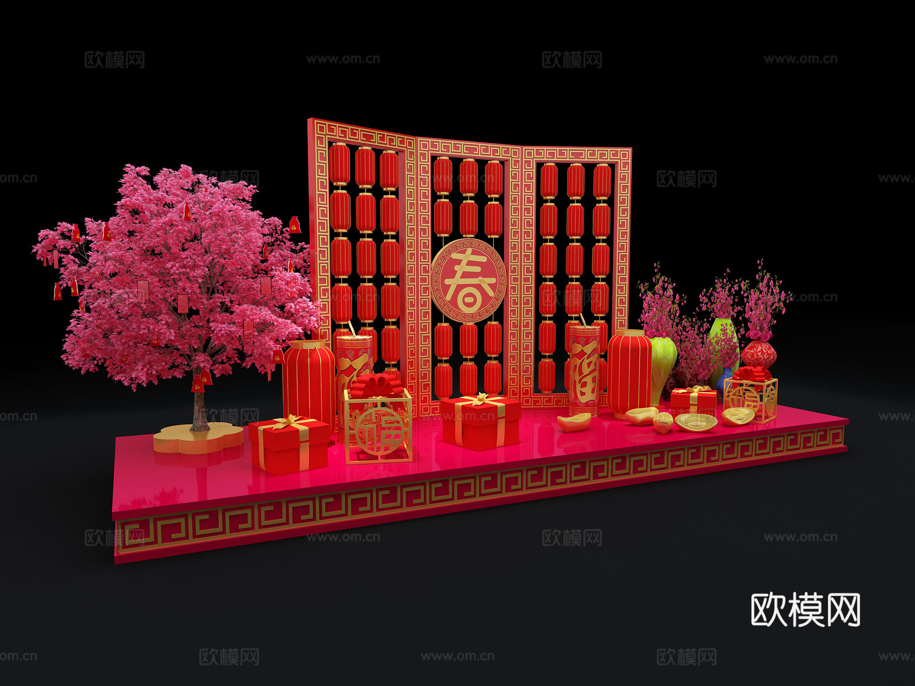 新年美陈礼品盒红包树3d模型