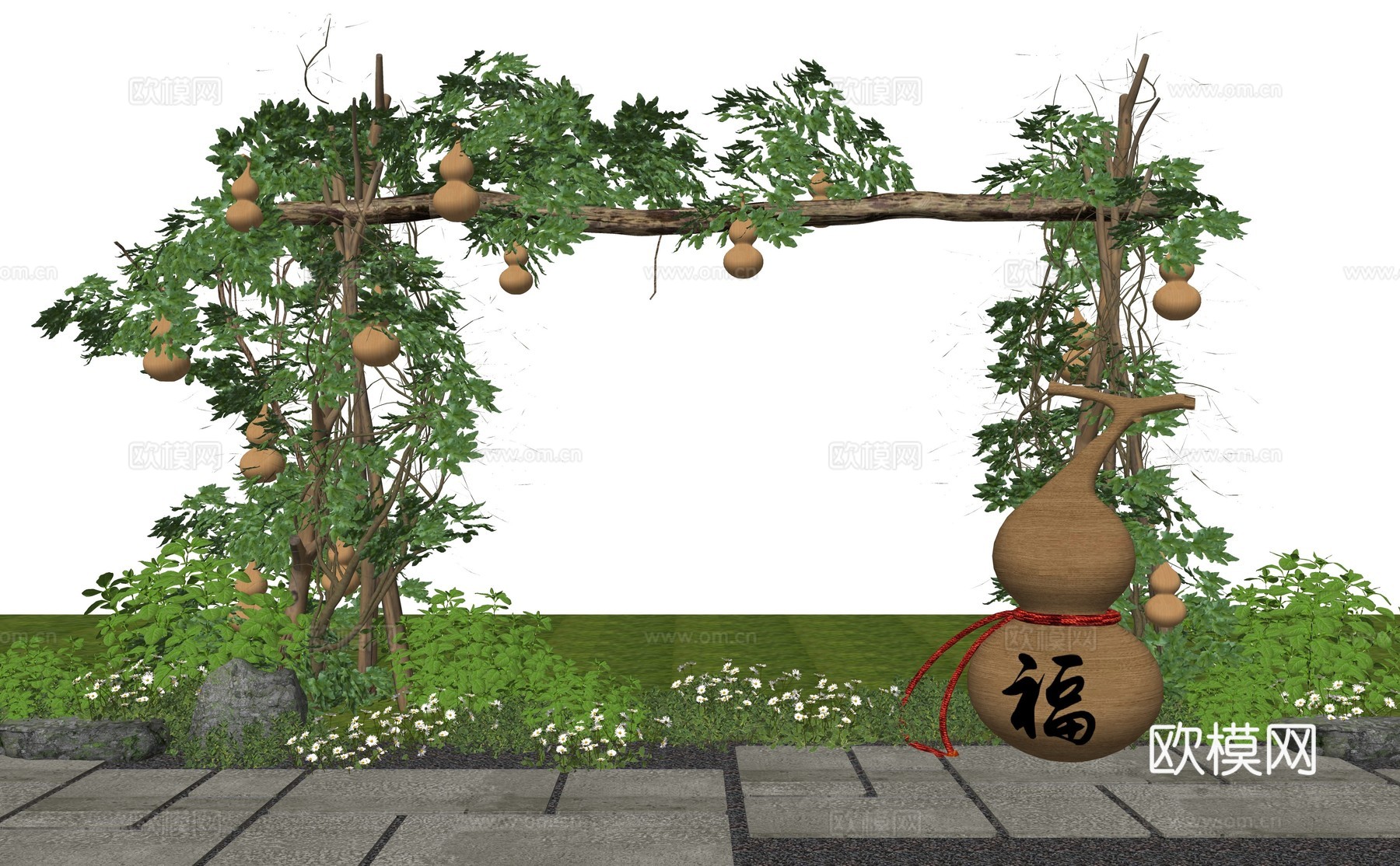 新中式乡村庭院 葫芦藤木架 乡村庭院葫芦种植 葫芦爬藤植物su模型