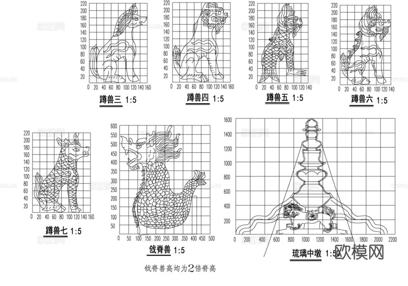 仿古建筑-五踩斗拱大樣圖及雀替大樣圖2cad施工圖下載(渲染圖1)