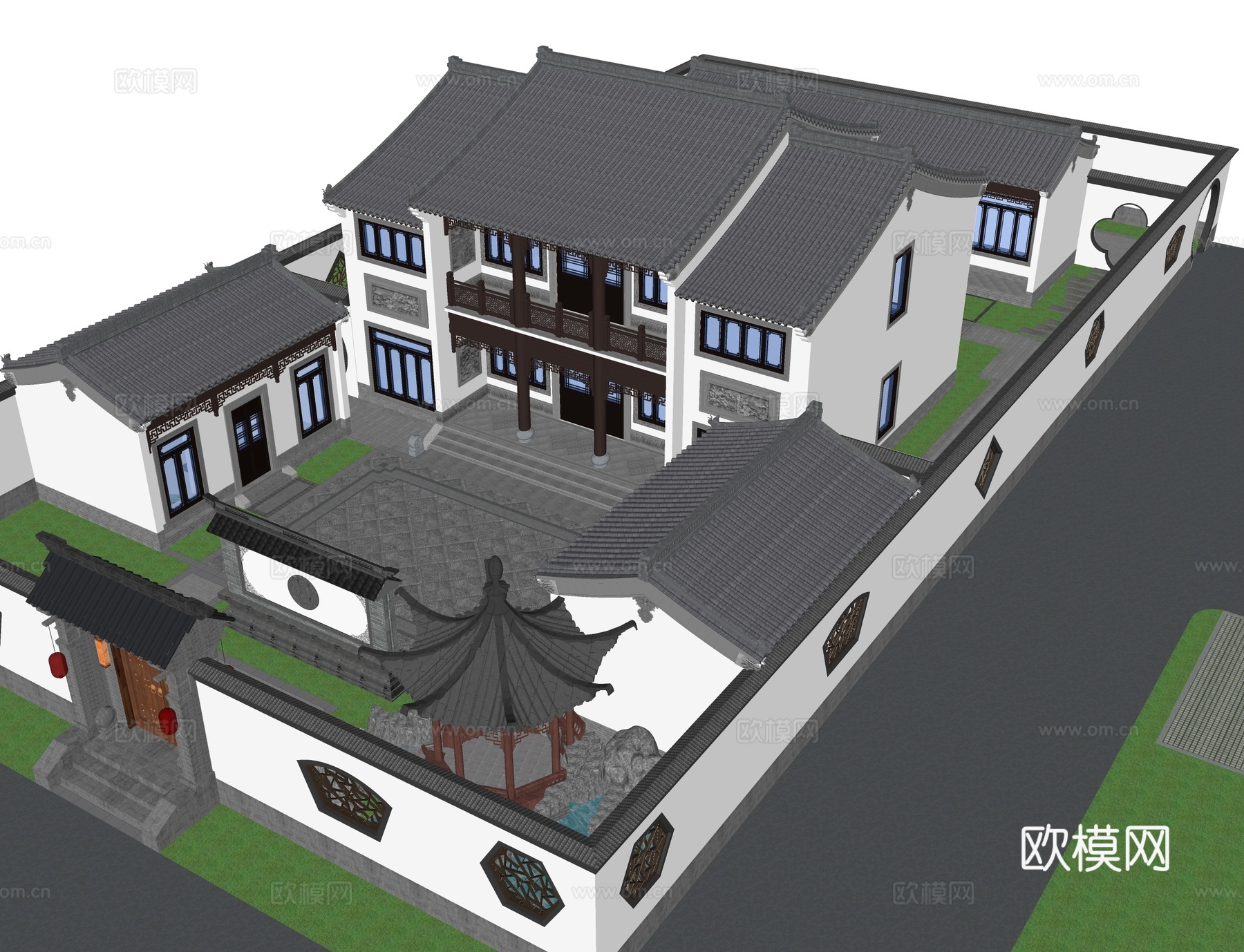 新中式别墅庭院 别墅区 新中式庭院su模型