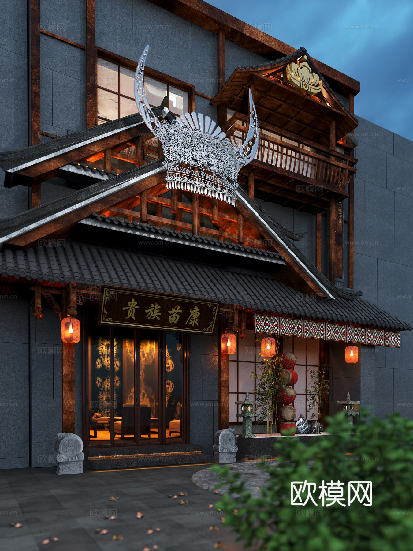 中式门头门面 美容SPA店 民族风门头门面 古法美容店铺3d模型