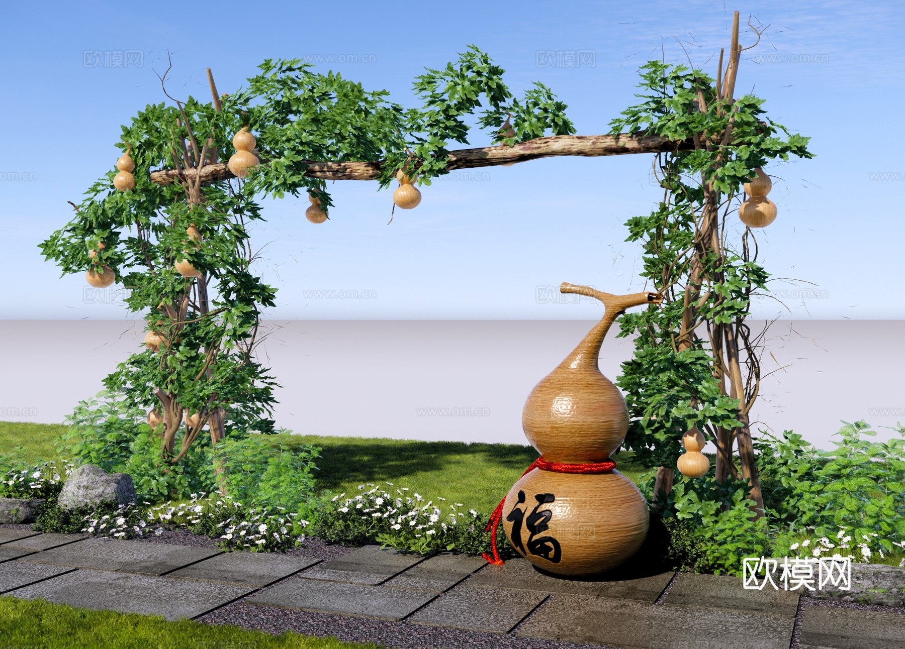 新中式乡村庭院 葫芦藤木架 乡村庭院葫芦种植 葫芦爬藤植物su模型
