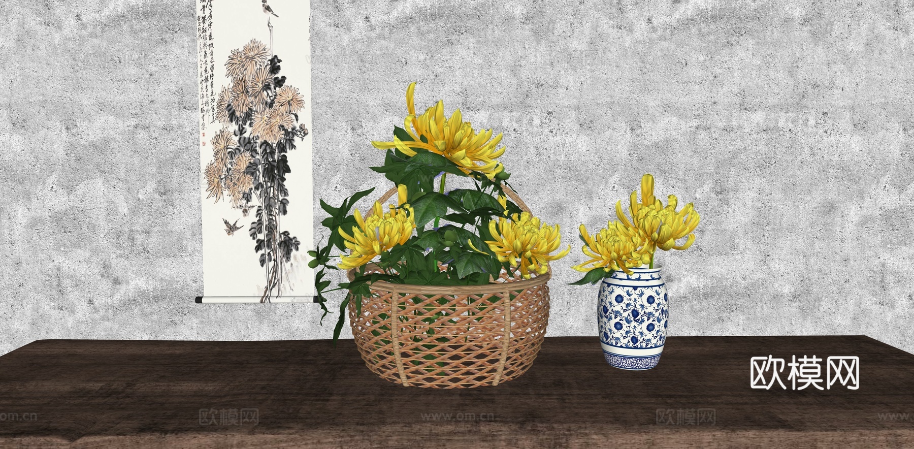 中式菊花插花 花艺摆件 侘寂禅意插花 黄菊花 挂画 青花瓷免费su模型