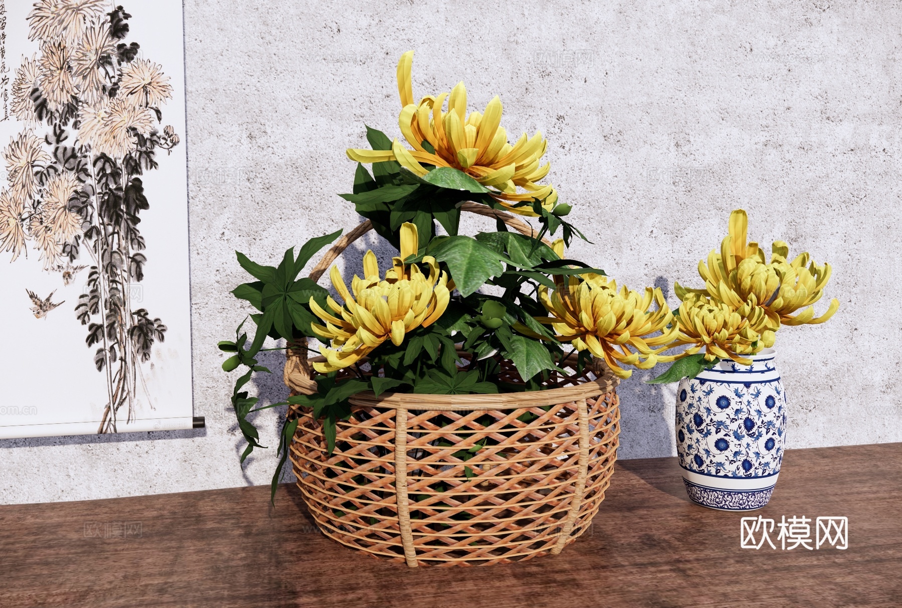 中式菊花插花 花艺摆件 侘寂禅意插花 黄菊花 挂画 青花瓷免费su模型