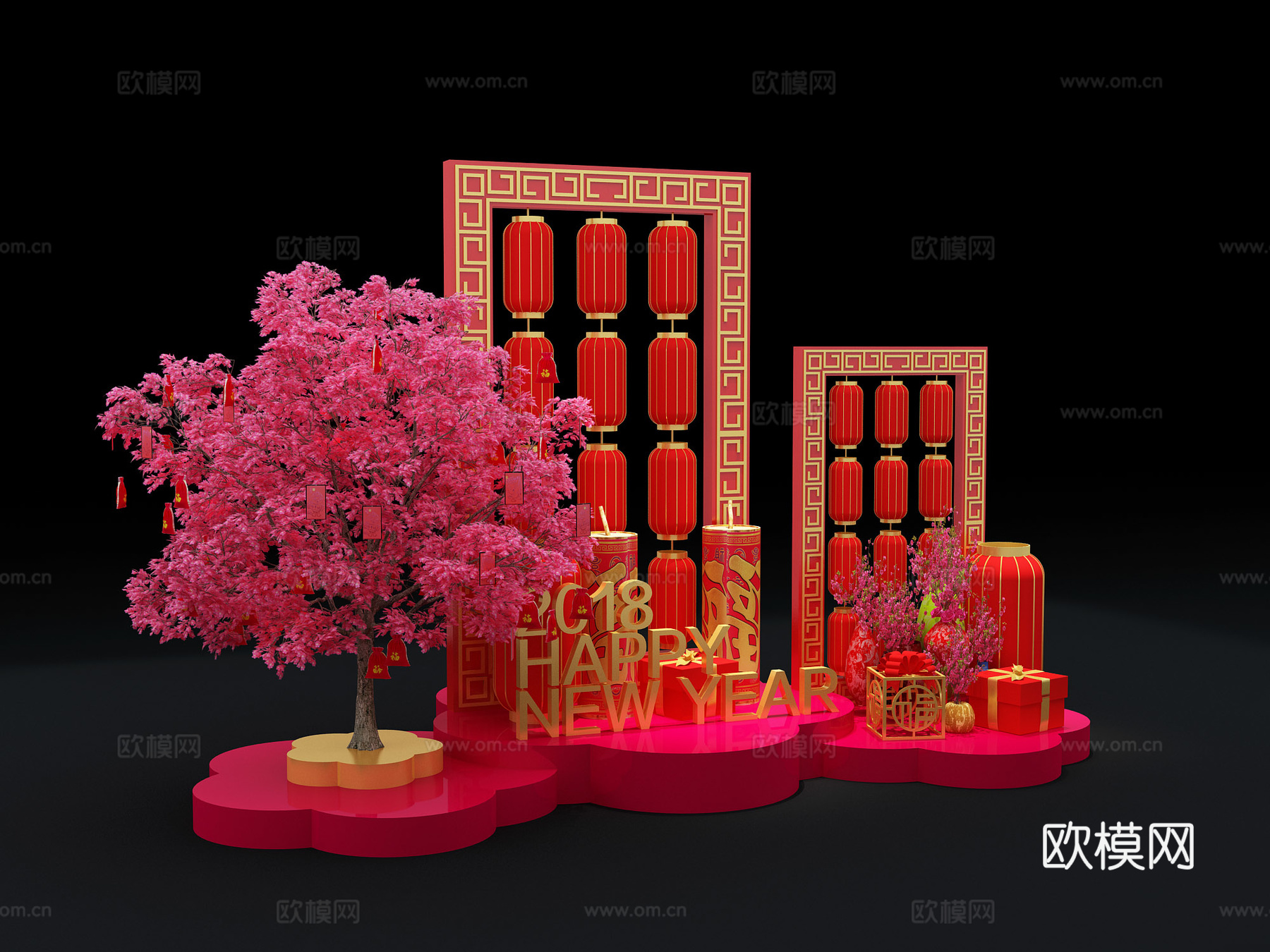新年美陈礼品盒红包树3d模型