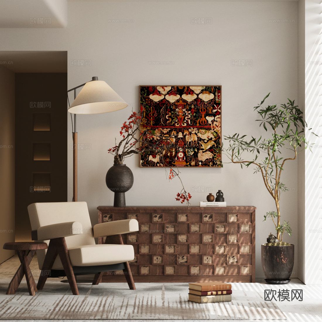 新中式禅意斗柜 中古风玄关柜 端景玄关柜 复古风装饰柜 边柜3d模型