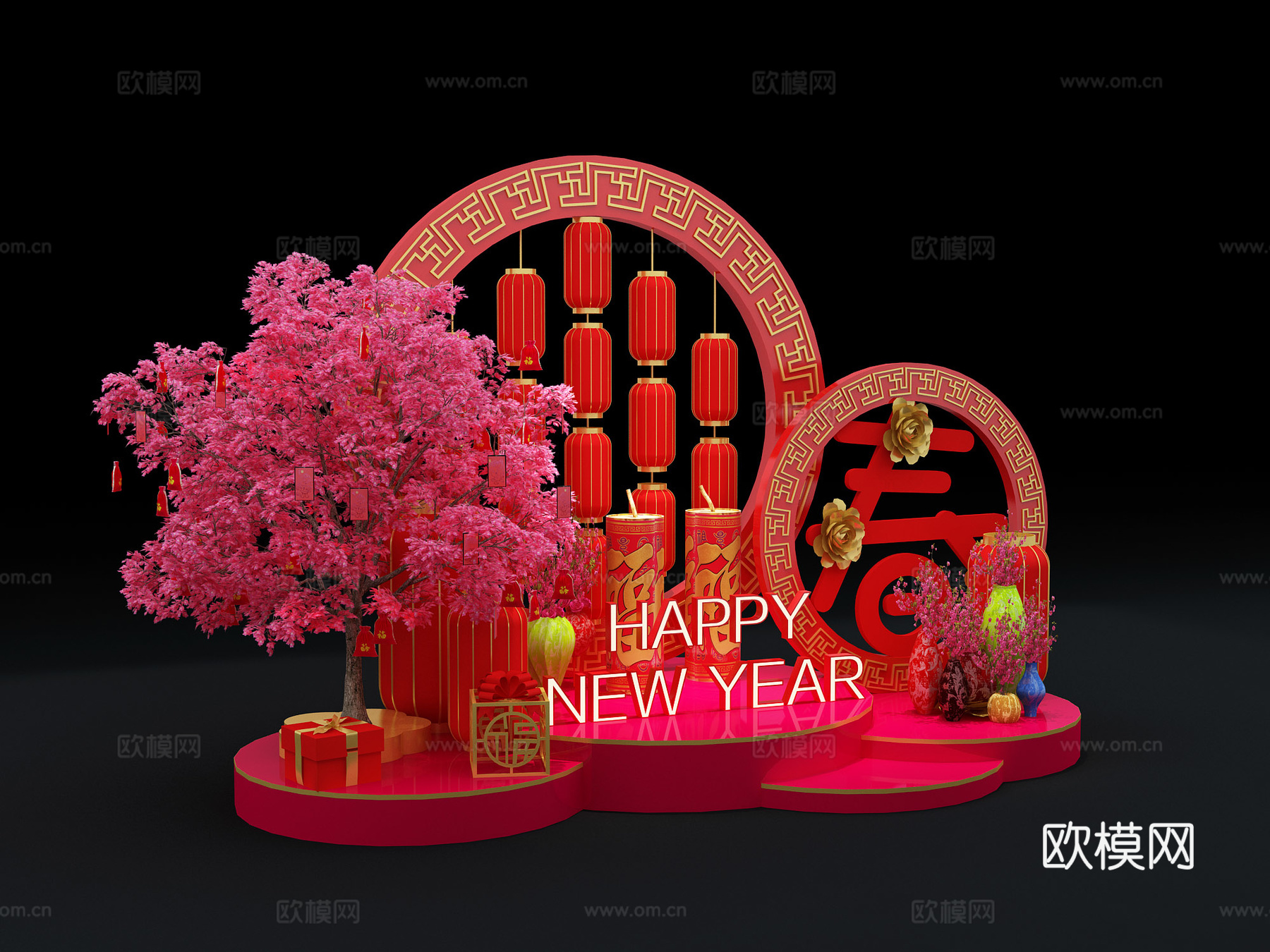 新年美陈礼品盒红包树3d模型