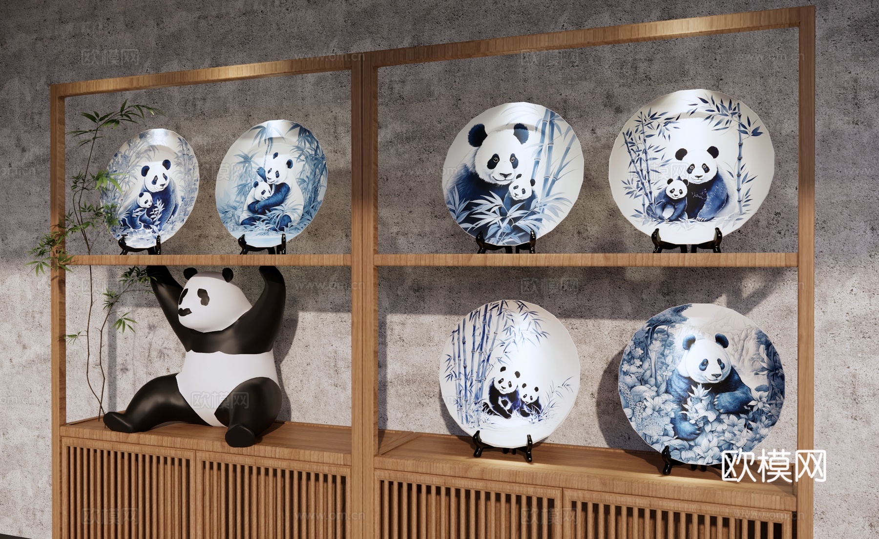 新中式瓷器摆件 青花瓷 瓷盘 大熊猫装饰品 艺术品展览柜 熊su模型