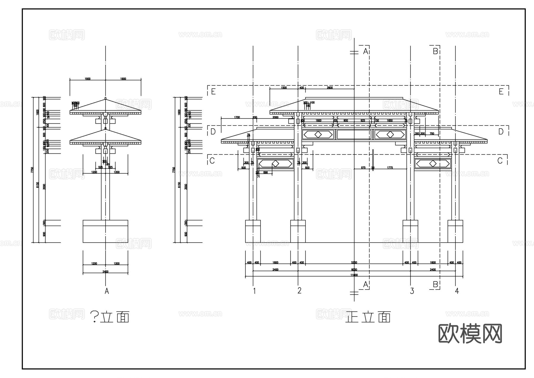 仿古典牌楼大门cad施工图