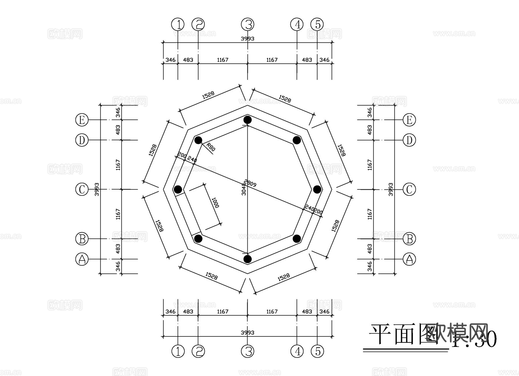 八角亭cad施工图