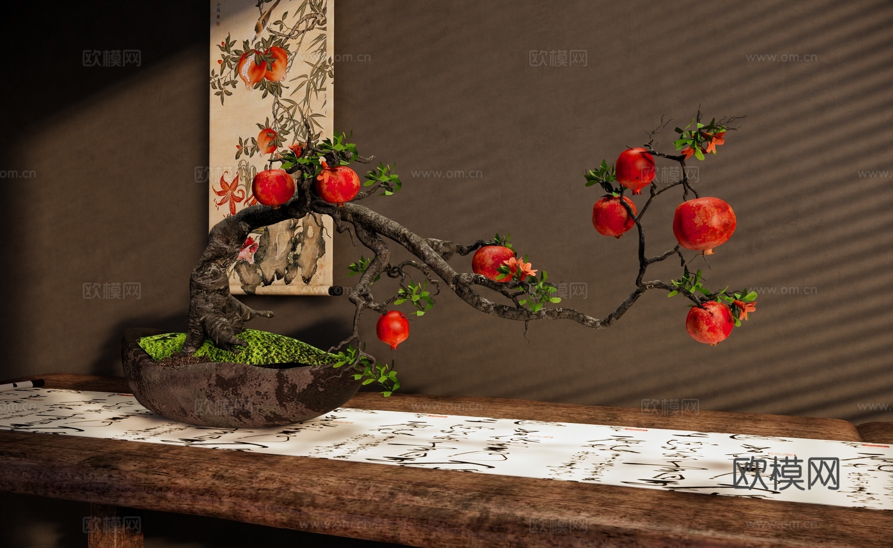 石榴插花盆景 植物造型盆栽 陶罐花瓶摆件 禅意盆景 挂画su模型