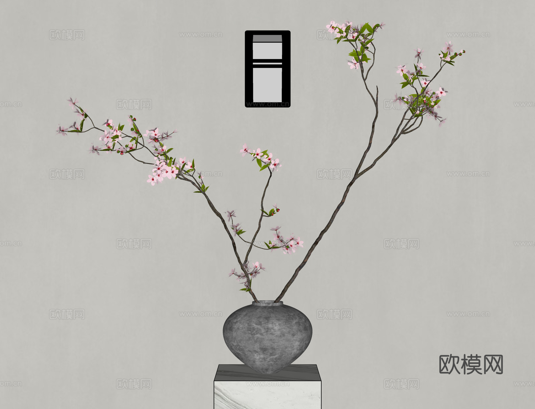 禅意花瓶 陶罐花瓶 桃花插花su模型